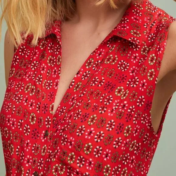 MAEVE (by Anthropologie) Vicki Red Geometric Floral Shirtdress Sleeveless Midi 2 - Picture 5 of 11
